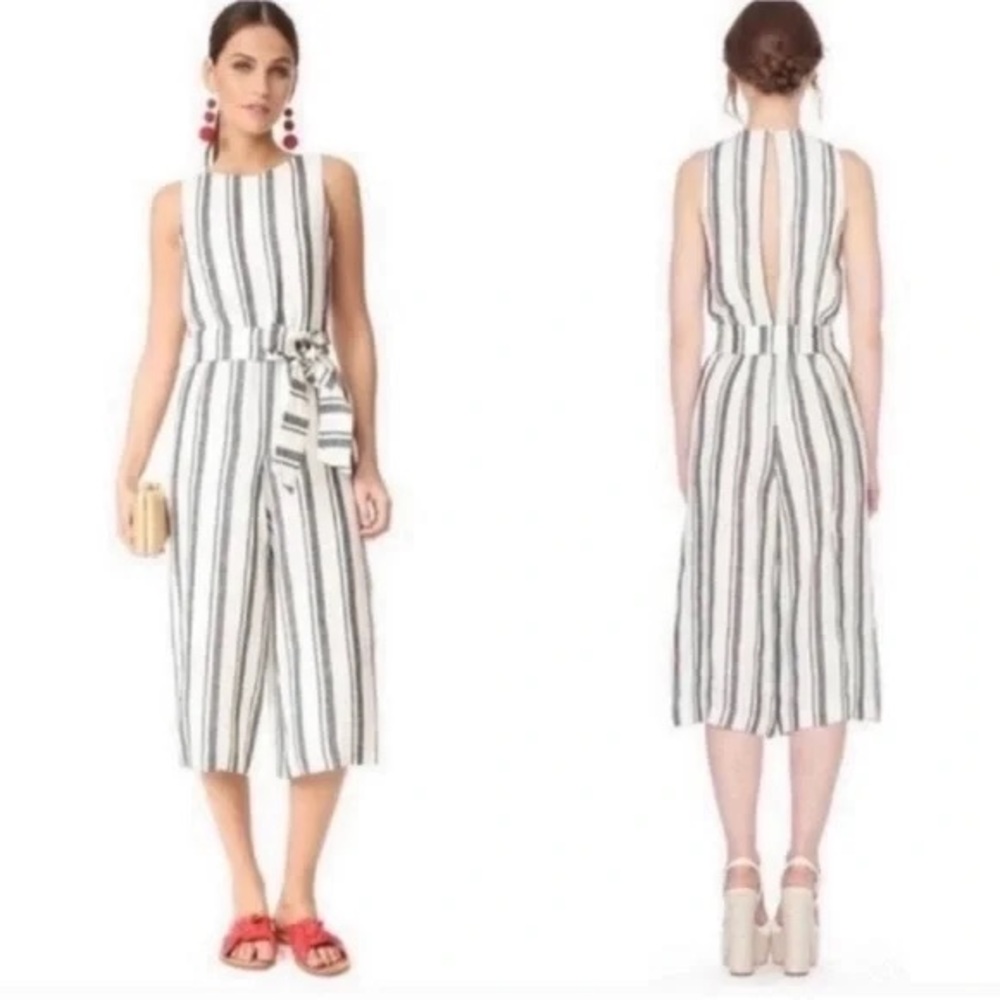 Alice + Olivia Navy and White Striped Jumpsuit with Cropped Wide-Leg